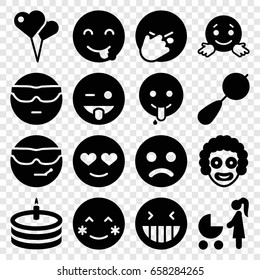 Happiness icons set. set of 16 happiness filled icons such as beanbag, laughing emot, blush, cool emot in sunglasses, emoji showing tongue, cake, clown, sad smiley