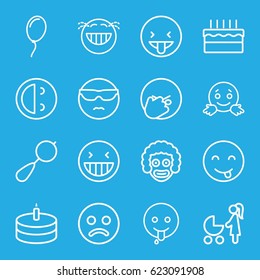 Happiness icons set. set of 16 happiness outline icons such as beanbag, cake, balloon, laughing emot, cool emot in sunglasses, emoji showing tongue, sad smiley