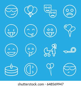Happiness icons set. set of 16 happiness outline icons such as balloon, party pipe, cake, laughing emot, cool emot in sunglasses, emoji showing tongue, sad smiley
