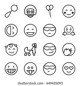 Happiness icons set. set of 16 happiness outline icons such as beanbag, balloon, laughing emot, blush, cool emot in sunglasses, woman with baby carriage