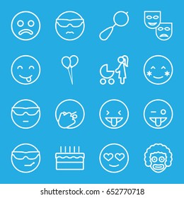 Happiness icons set. set of 16 happiness outline icons such as beanbag, balloon, cake, blush, cool emot in sunglasses, emoji showing tongue, emot in love, sad smiley