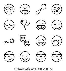 Happiness icons set. set of 16 happiness outline icons such as beanbag, party pipe, laughing emot, cool emot in sunglasses, emoji showing tongue, sad smiley