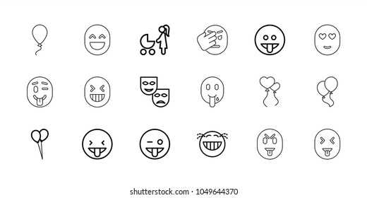 Happiness icons. set of 18 editable outline happiness icons: balloon, emoji showing tongue, laughing emot, showing tongue emot, mask, woman with baby carriage