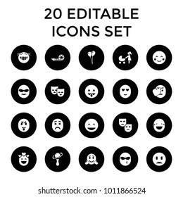 Happiness icons. set of 20 editable filled happiness icons such as balloon, laughing emot, blush, showing tongue emot, mask. best quality happiness elements in trendy style.