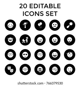 Happiness icons. set of 20 editable filled happiness icons such as beanbag, sad smiley, laughing emot, blush, cool emot in sunglasses, emoji showing tongue, mask, clown