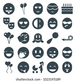 Happiness icons. set of 25 editable filled happiness icons such as beanbag, balloon, laughing emot, cool emot in sunglasses, emoji showing tongue, mask