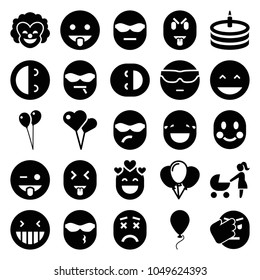 Happiness icons. set of 25 editable filled happiness icons such as balloon, laughing emot, cool emot in sunglasses, emoji showing tongue, heart shaped air balloon, cake, clown