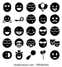 Happiness icons. set of 25 editable filled happiness icons such as beanbag, balloon, sad smiley, laughing emot, blush, cool emot in sunglasses, clown, party pipe