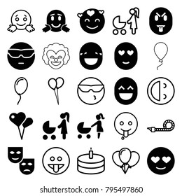 Happiness icons. set of 25 editable filled and outline happiness icons such as cool emot in sunglasses, emot in love, mask, woman with baby carriage, heart shaped air balloon
