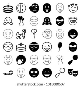 Happiness icons. set of 36 editable filled and outline happiness icons such as beanbag, laughing emot, cool emot in sunglasses, party pipe, cake, balloon, emoji showing tongue
