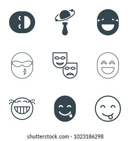 Happiness icons. set of 9 editable filled and outline happiness icons such as laughing emot, emot showing tongue, mask, beanbag