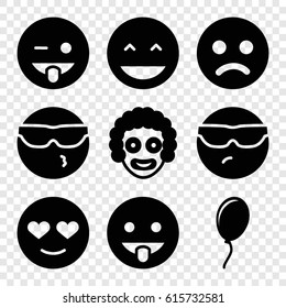 Happiness icons set. set of 9 happiness filled icons such as laughing emot, cool emot in sunglasses, emoji showing tongue, balloon, clown