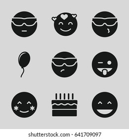 Happiness icons set. set of 9 happiness filled icons such as laughing emot, blush, cool emot in sunglasses, emoji showing tongue, emot in love, cake