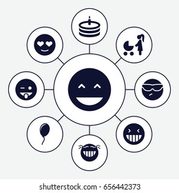 Happiness icons set. set of 9 happiness filled icons such as laughing emot, cool emot in sunglasses, emoji showing tongue, emot in love, cake, balloon