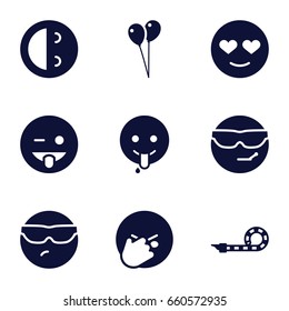 Happiness icons set. set of 9 happiness filled icons such as balloon, cool emot in sunglasses, emoji showing tongue, emot in love