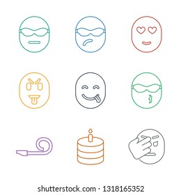 happiness icons. Trendy 9 happiness icons. Contain icons such as facepalm, cake, party pipe, cool emot in sunglasses, emot showing tongue, showing tongue emot. happiness icon for web and mobile.