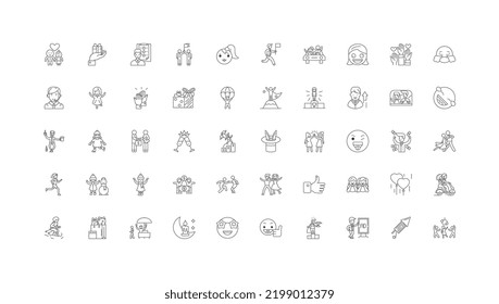 Happiness ideas, linear icons, line signs set, vector collection