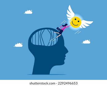 happiness in independent life. Optimistic businesswoman escapes from brain prison