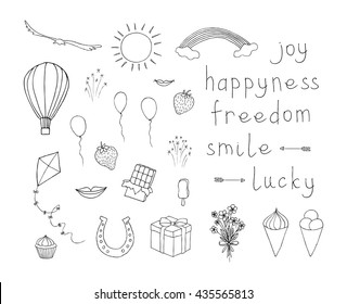 Happiness, joy, luck symbols. Vector illustrations set.
