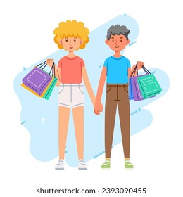 Happiness joyful shopaholic stylish fashionable couple man woman girl boy male female at retail mall store carrying shopping bags 