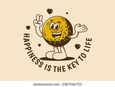 Happiness is the key to life. Vintage mascot character illustration of golf ball with happy face