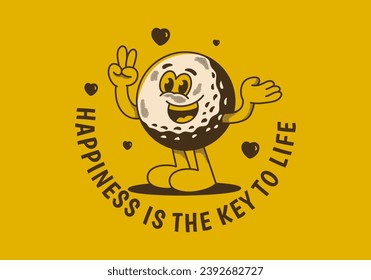 Happiness is the key to life. Vintage mascot character illustration of golf ball with happy face