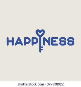 Happiness key, love key, blue text, happy icon, logo