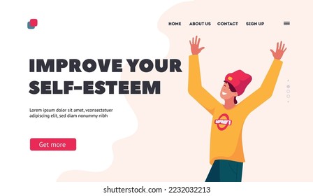 Happiness Landing Page Template. Happy Teenager In Trendy Clothes Jumping And Laugh. Positive Teenage Character Jump In Air, Feel Emotions, Rejoice, Fun. Cartoon People Vector Illustration