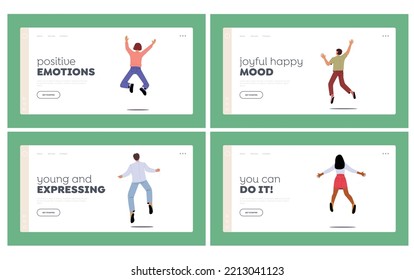 Happiness Landing Page Template Set. Happy People Jumping Raising And Waving Hands Rear View. Young Male And Female Characters Positive Friendly Gestures, Freedom. Cartoon Vector Illustration