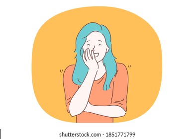 Happiness, laughing, smiling, positive emotions concept. Happy teen girl cartoon character with blue hair standing, covering open mouth with hand and laughing at joke or funny situation 