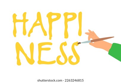 Happiness lettering vector illustration. Hand writing word with yellow brush isolated on white background. Greeting card design. Optimism, positivity, holiday, child drawing concept