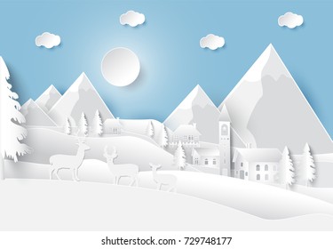 Happiness lifestyle peaceful in countryside village background, paper art style illustration