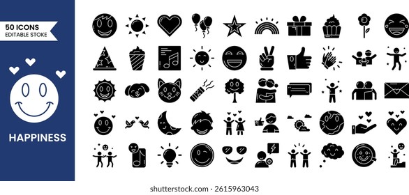 Happiness line editable icon set in solid style. Vector illustrations