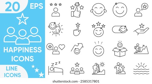 Happiness Line Icon Set.sleep, culture, health, diet, happiness, mindset, optimism, sadness, hope, love, ambiguity and more.vector and illustrator set.