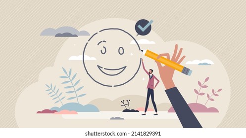 Happiness loading or draw happy emotion in therapy tiny person concept. Psychologist method to dream or express feelings with drawings vector illustration. Optimistic emotional attitude for future.