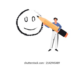 Happiness loading or draw happy emotion in therapy tiny person concept. Psychologist method to dream or express feelings with drawings vector illustration. Optimistic emotional attitude for future.