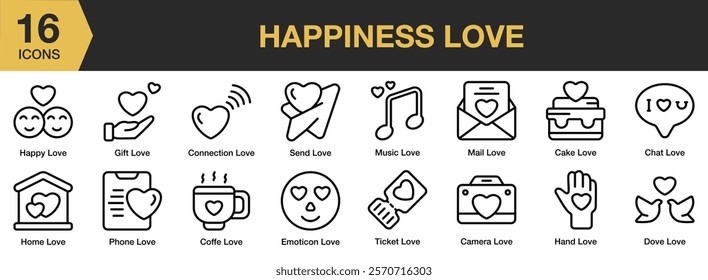 Happiness Love icon set. Includes love, happy, together, smile, happiness, couple, relationship, and More. Outline icons vector collection.