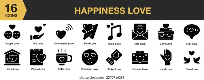 Happiness Love solid icon set. Includes love, happy, together, smile, happiness, couple, relationship, and More. Solid icons vector collection.