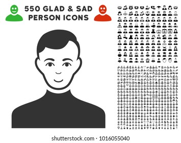 Happiness Male vector pictograph with 550 bonus pity and happy user icons. Human face has happiness feeling. Bonus style is flat black iconic symbols.