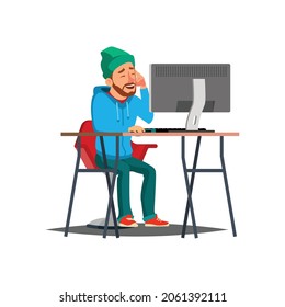 glücklich Mann Hipster erstellen süßes Bild auf Computer Cartoon Vektor. glücklich Mann Hipster erstellen süßes Bild auf Computer Charakter. einzelne Cartographie