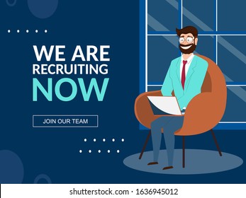 Happiness Man holding Laptop Sitting on Armchair for We Are Recruiting Now, Join Our Team Concept.