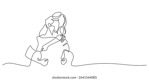 happiness man piggyback girlfriend dating joyful time line art. continuous line drawing couple day out vacation romantic love concept handdrawn minimalism copy space