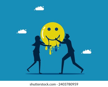 Happiness melts away. Two businessmen hold a melting smiley face icon