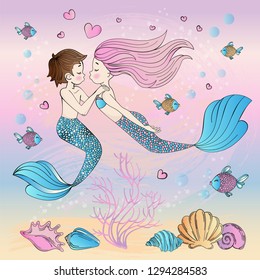 HAPPINESS Mermaid Cartoon Travel Tropical Vector Illustration Set for Print, Fabric and Decoration.