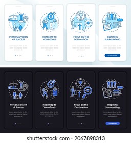 Happiness mind component light, dark onboarding mobile app page screen. Walkthrough 4 steps graphic instructions with concepts. UI, UX, GUI vector template with linear night and day mode illustrations