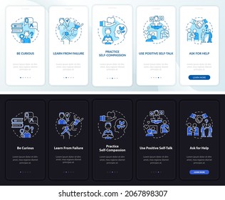 Happiness mind strategy light, dark onboarding mobile app page screen. Walkthrough 5 steps graphic instructions with concepts. UI, UX, GUI vector template with linear night and day mode illustrations