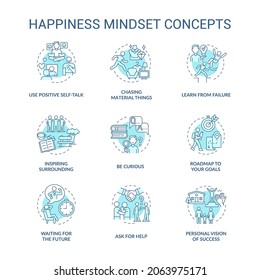 Happiness mindset blue concept icons set. Personal growth idea thin line color illustrations. Becoming happy. Self vision of success. Goal setting. Vector isolated outline drawings. Editable stroke