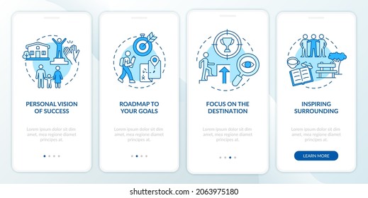 Happiness mindset components blue onboarding mobile app page screen. Success walkthrough 4 steps graphic instructions with concepts. UI, UX, GUI vector template with linear color illustrations