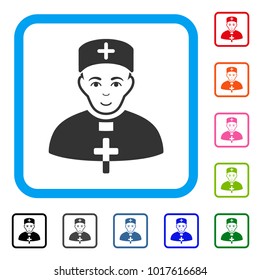 Happiness Monastic Doctor vector pictograph. Person face has joy sentiment. Black, gray, green, blue, red, orange color additional versions of monastic doctor symbol inside a rounded rectangle.