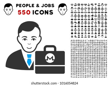 Happiness Monero Accounter vector pictograph with 550 bonus pitiful and glad person pictures. Person face has enjoy mood. Bonus style is flat black iconic symbols.